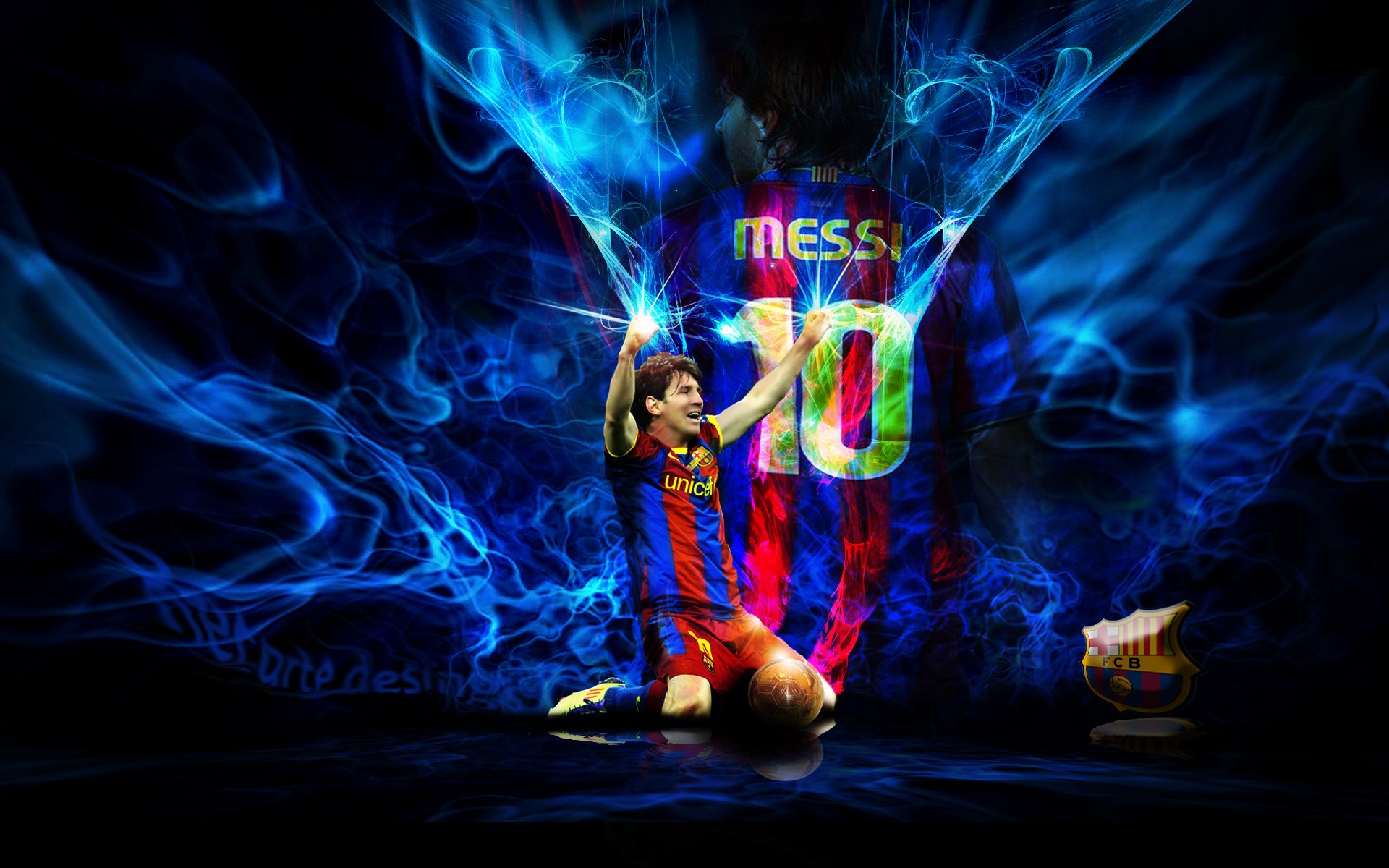 Lionel Messi celebrating a goal in a vibrant, stylized image with the FC Barcelona logo and jersey. Perfect for football fans