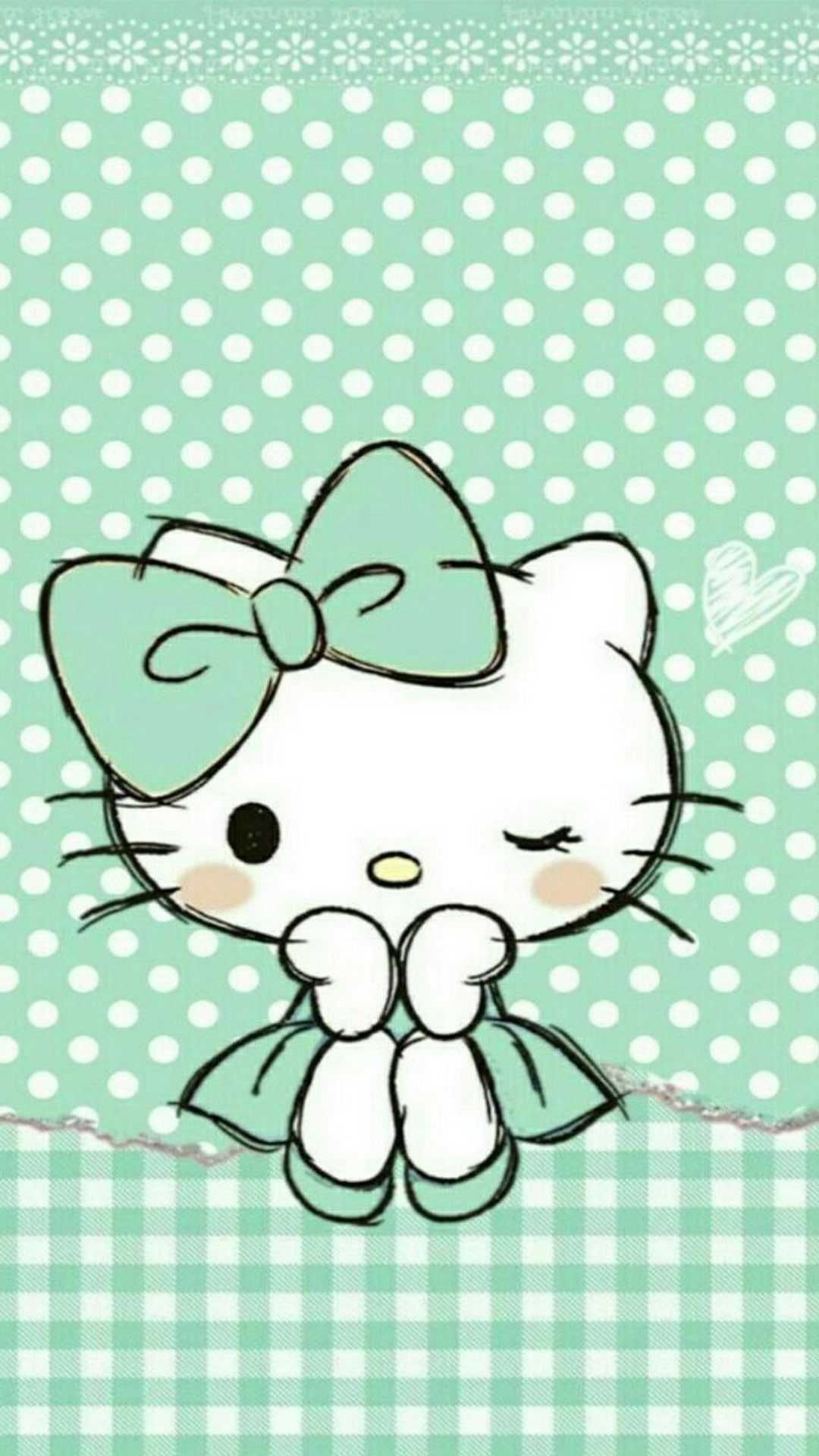 A cute, mint-green Hello Kitty graphic on a matching background, perfect for fans of the iconic character