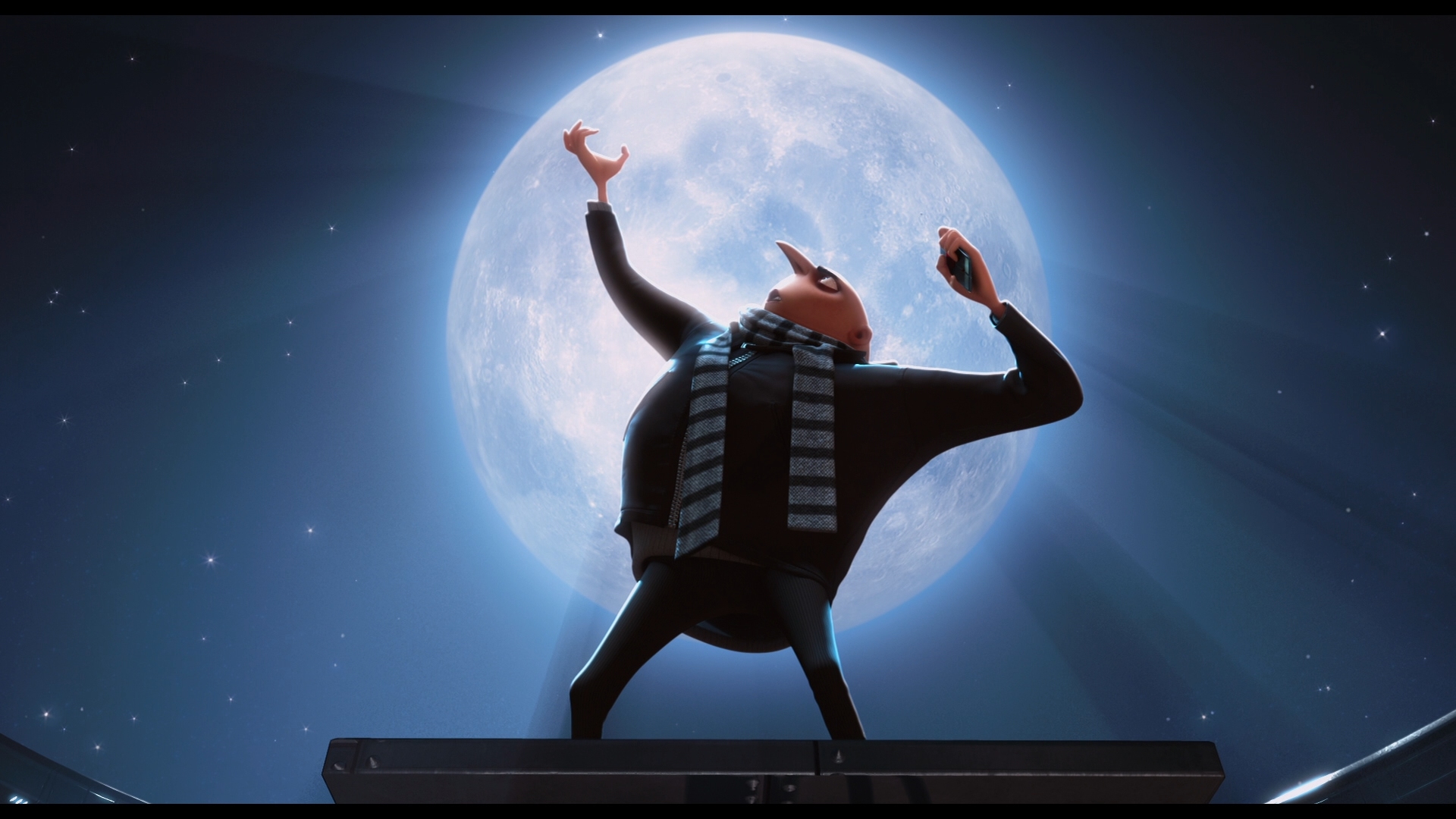 Gru from Despicable Me striking a dramatic pose against a full moon backdrop