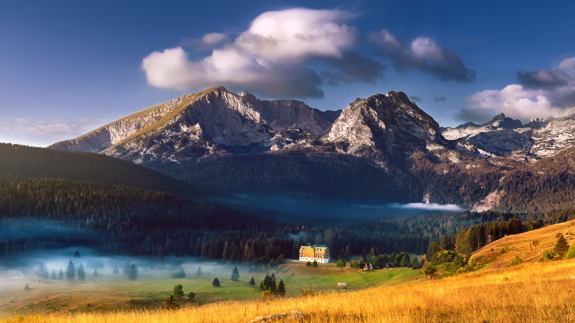A breathtaking panorama of a mountain valley bathed in the golden light of dawn, with a touch of mist adding a mystical feel
