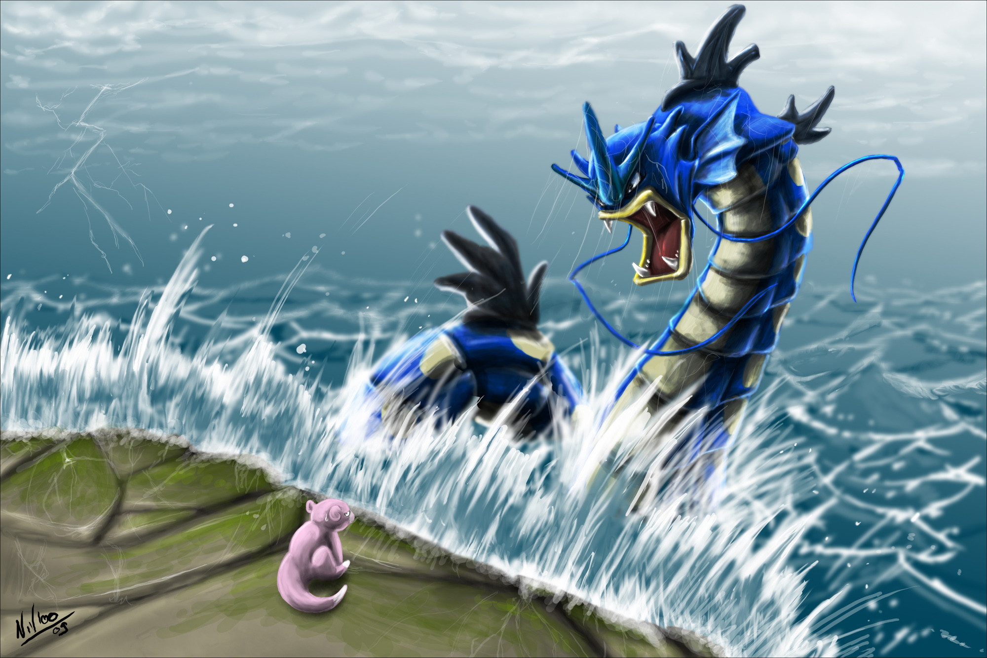 A Gyarados, a large, blue, serpentine Pokémon, rises from the ocean waves, confronting a small, pink Mew on a rocky shore