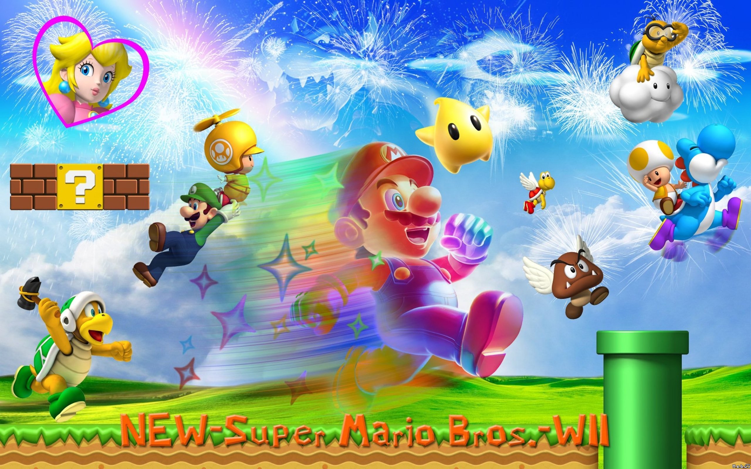 Vibrant collage of Super Mario characters in action, featuring Mario, Luigi, Peach, Toad, and various power-ups, set against a backdrop of fireworks and a whimsical landscape