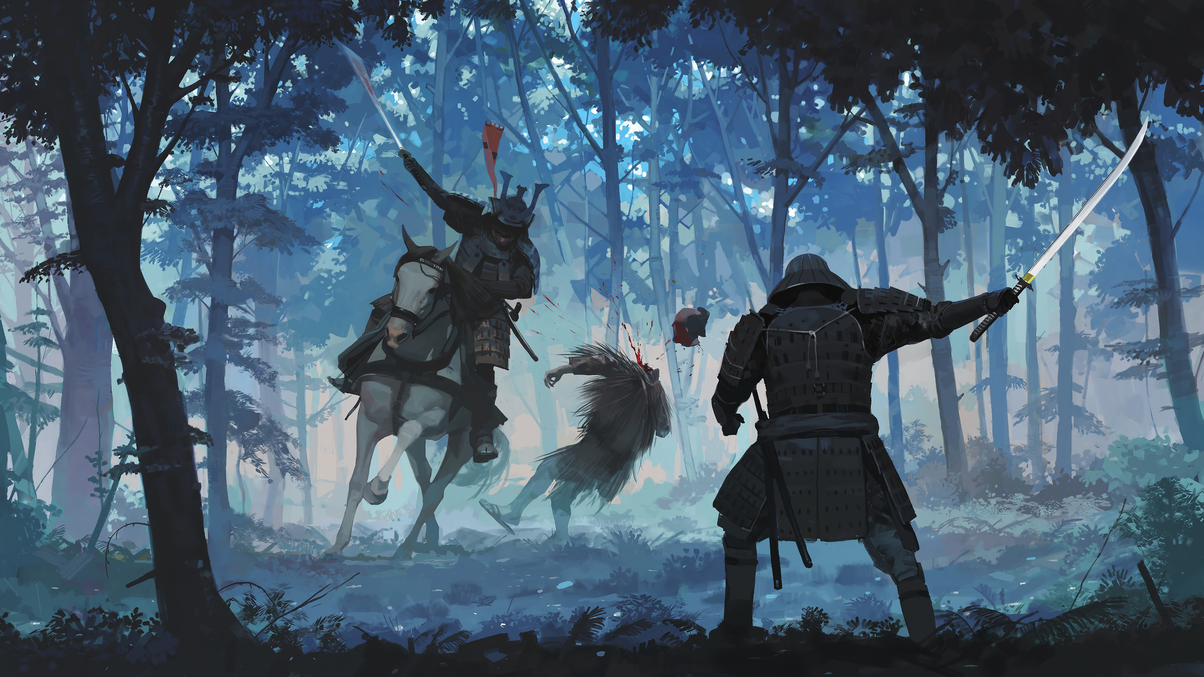 A dramatic painting of a samurai battle in a misty forest, with one samurai on horseback striking down another while a third samurai stands ready