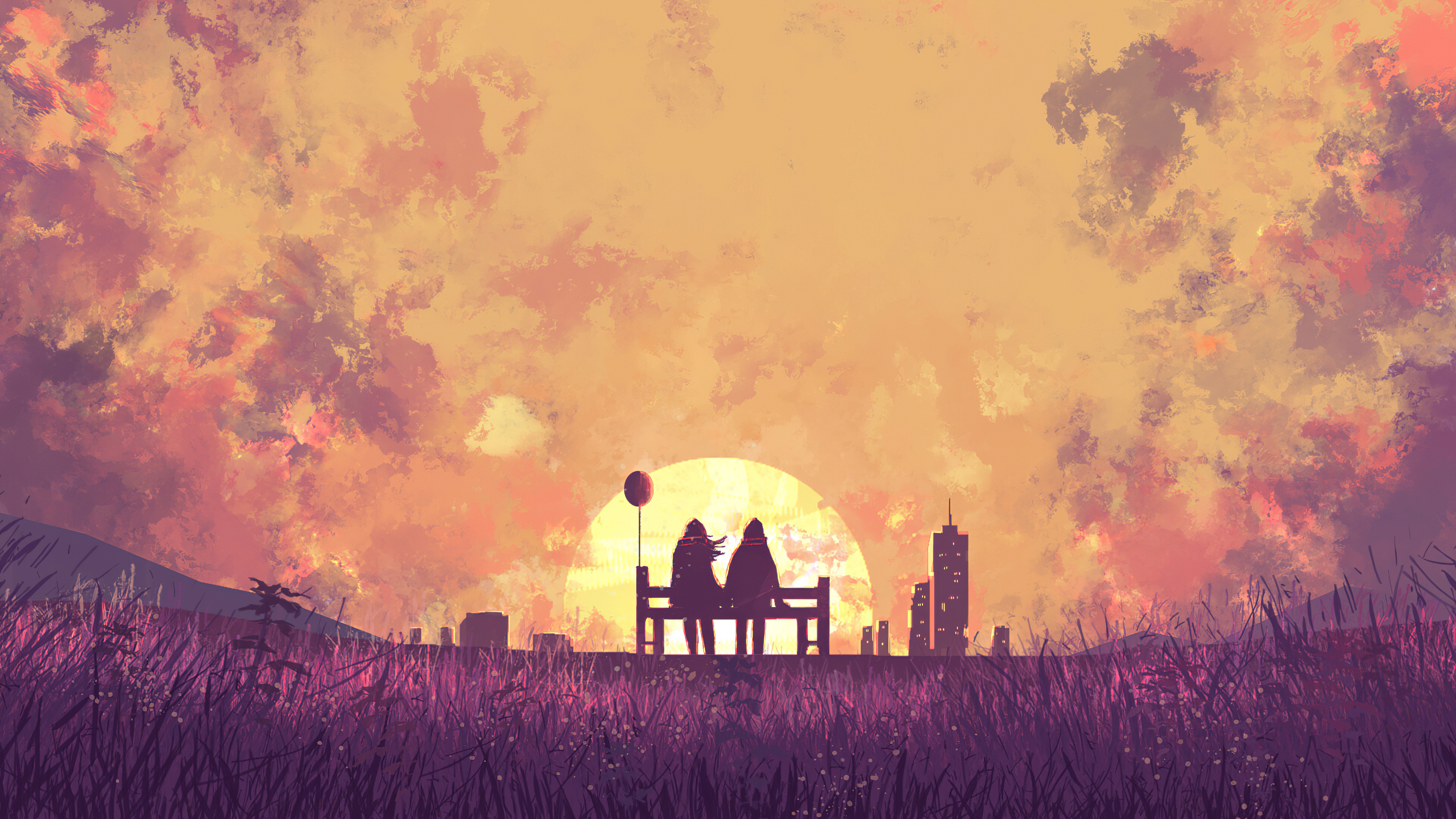Couple Sitting Bench Digital Art 4k Wallpaper HD Love