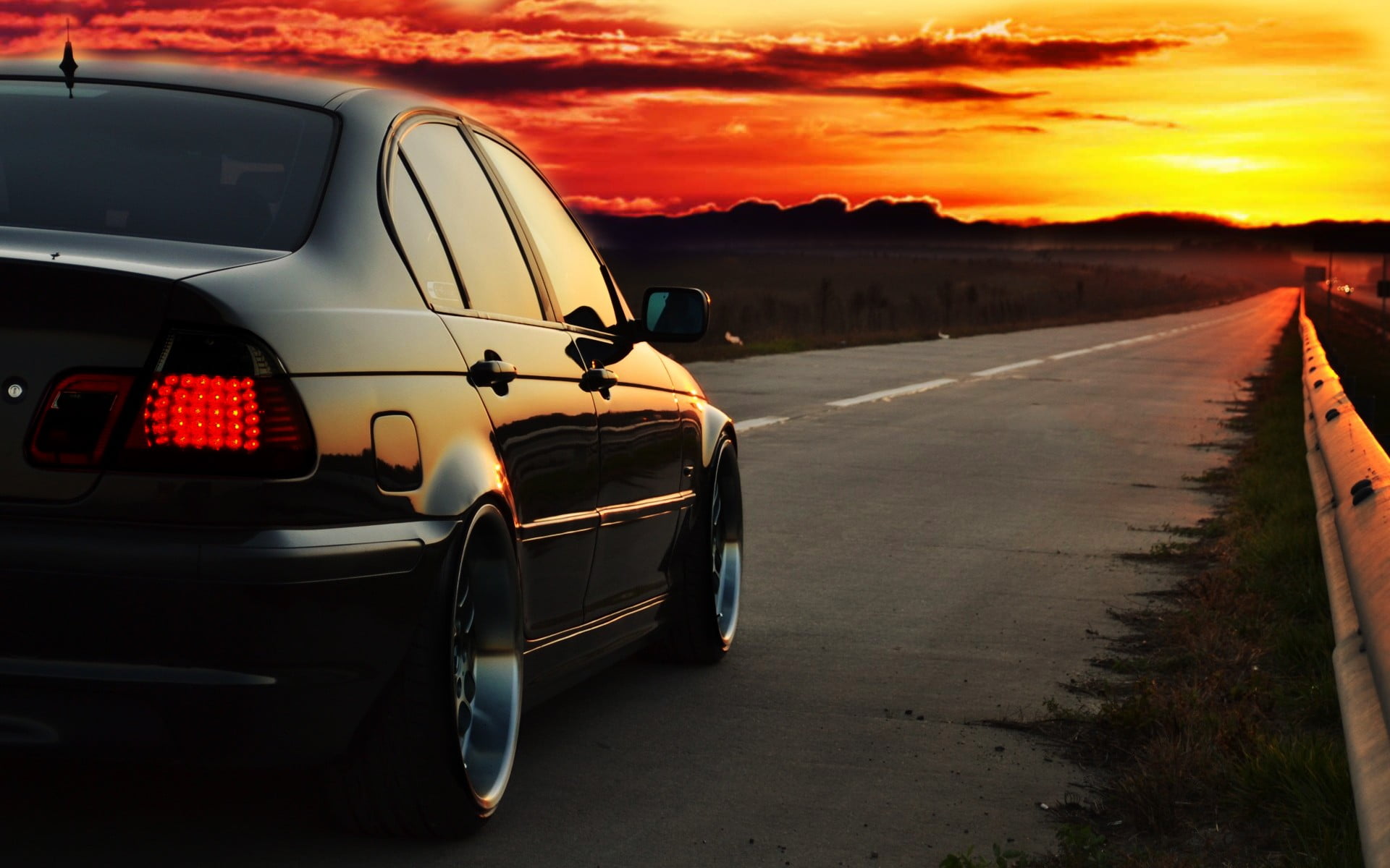 Black Sedan Bmw e46 Photoshop Sunset Road Hd Wallpaper