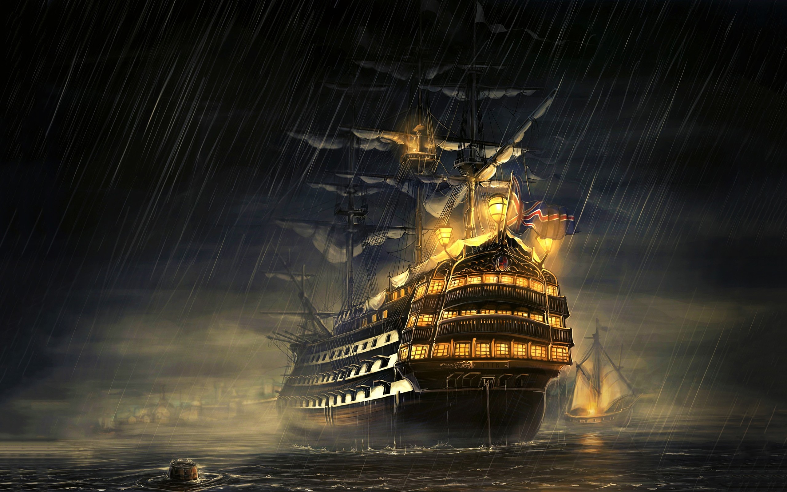 Navy Royal Sailing Ship Sea Rain Manowar Water Wallpaper