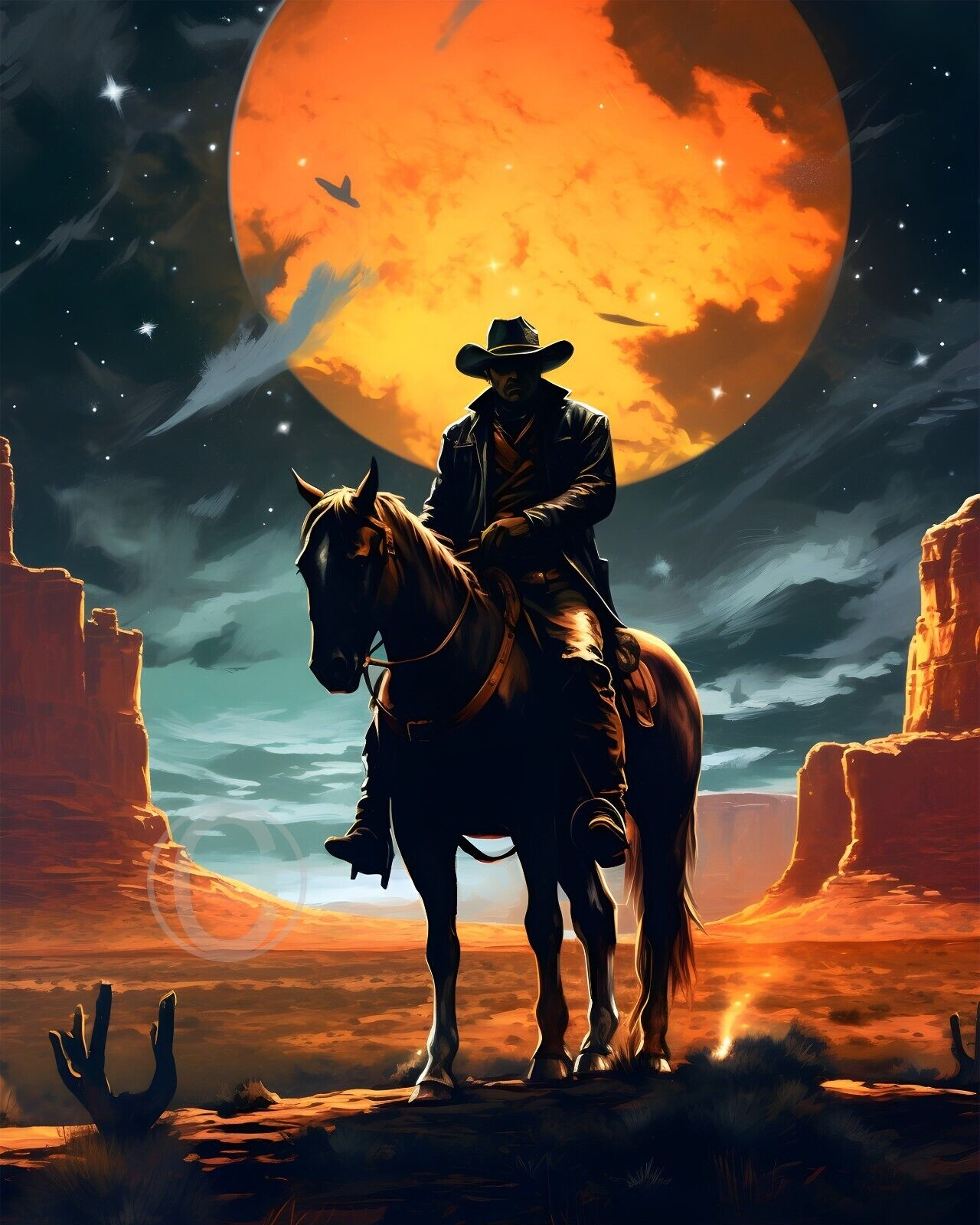 Cowboy Horse Moon Rising Mojave Desert Poster Old West Gicl E