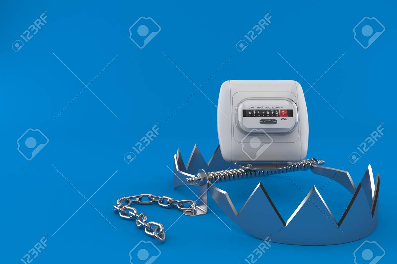 Electricity Measure With Bear Trap Isolated On Blue Background