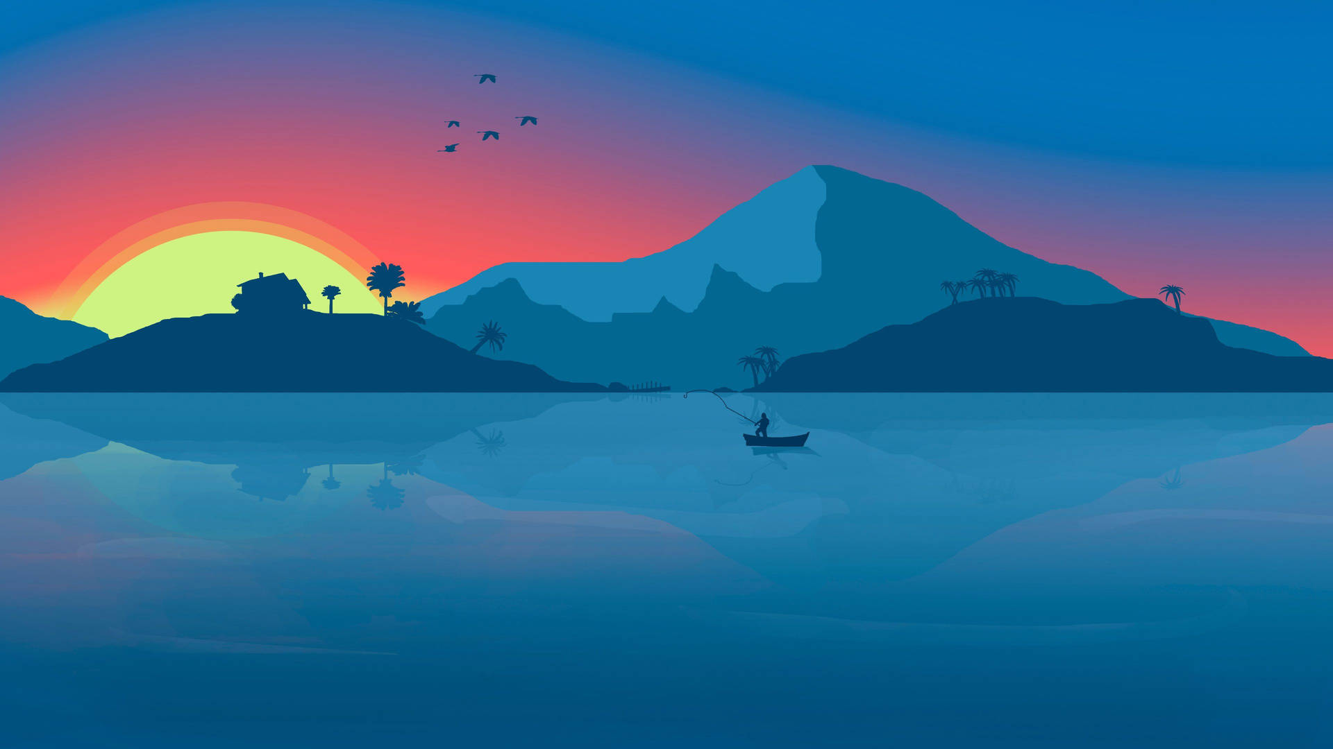 Minimalist 4k wallpaper of a serene sunset over a tranquil lake with a lone fisherman in a boat. Silhouetted islands and a mountain range complete the peaceful scene