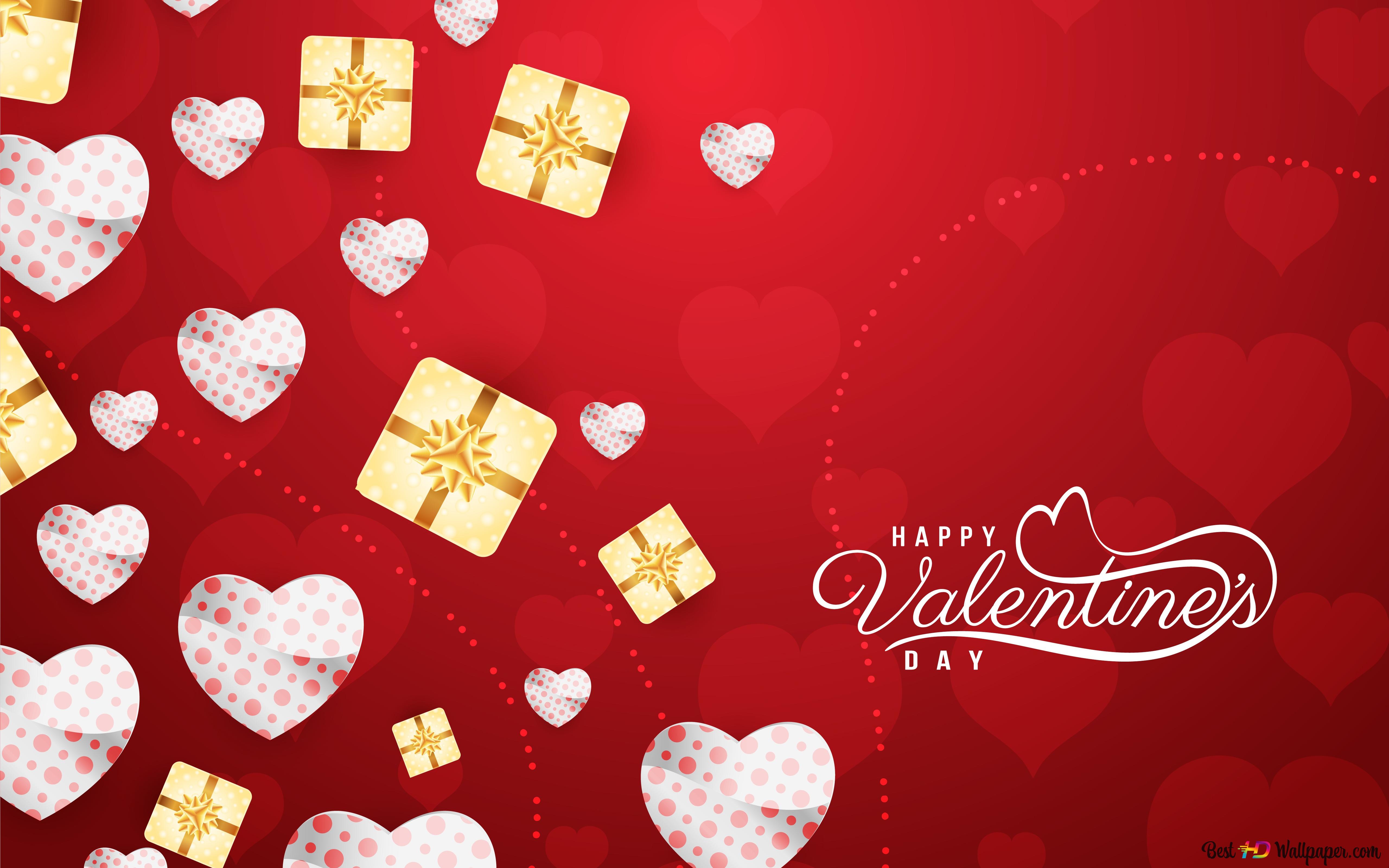 A festive Valentine's Day 4k wallpaper with hearts and gifts on a red background