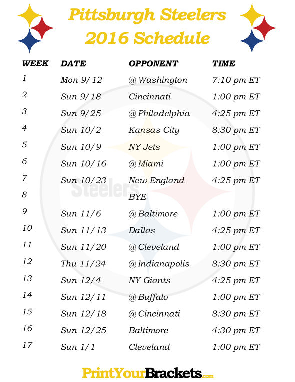 Printable Pittsburgh Steelers Football Schedule