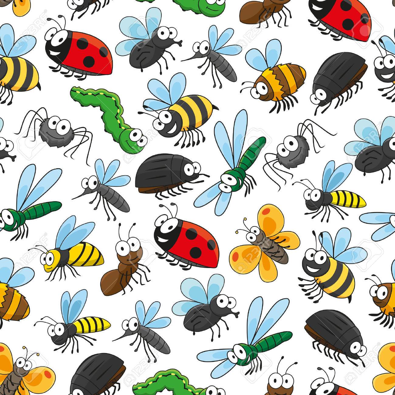 Bugs And Insects Funny Cartoon Seamless Wallpaper With Vector