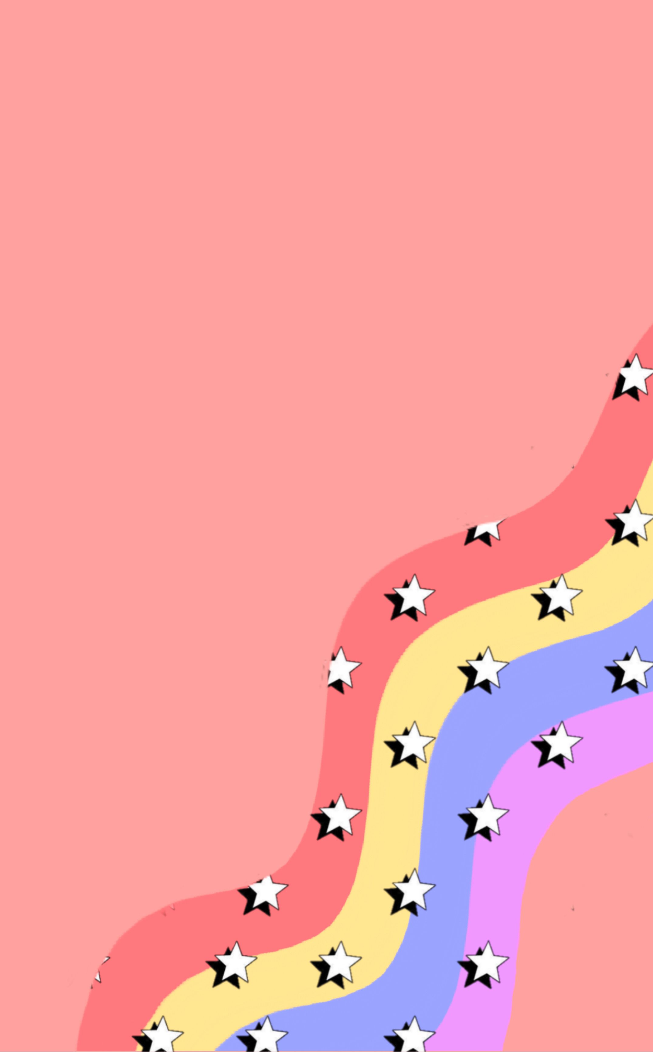 A simple aesthetic wallpaper with a wavy rainbow pattern and scattered stars on a light pink background