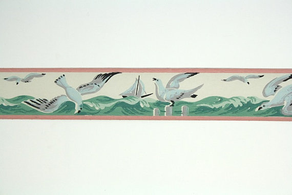 Full Vintage Wallpaper Border Trimz Pink And Blue Coastal Seagulls