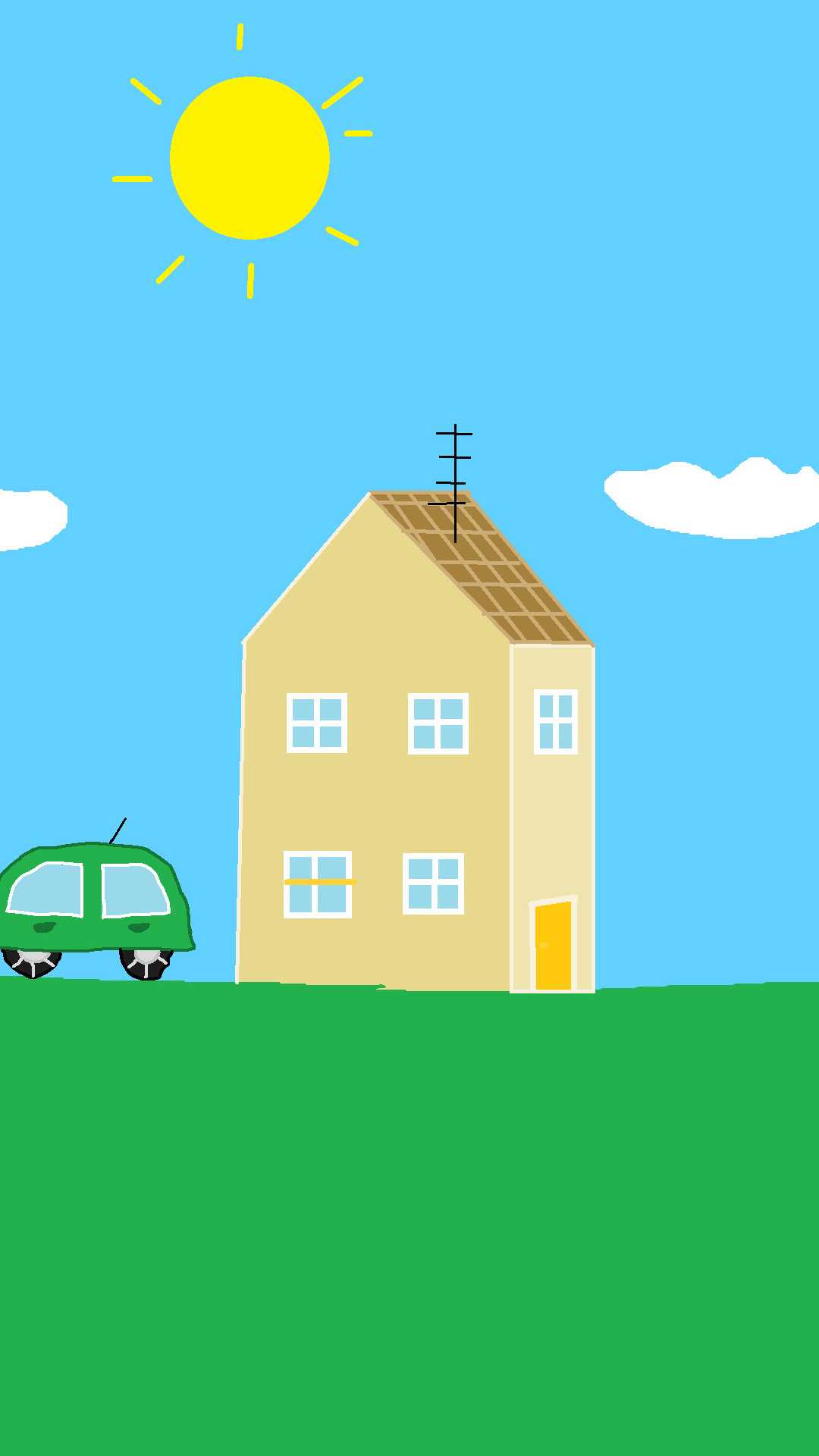 A child's drawing of a house, car, sun, and clouds on a grassy hill