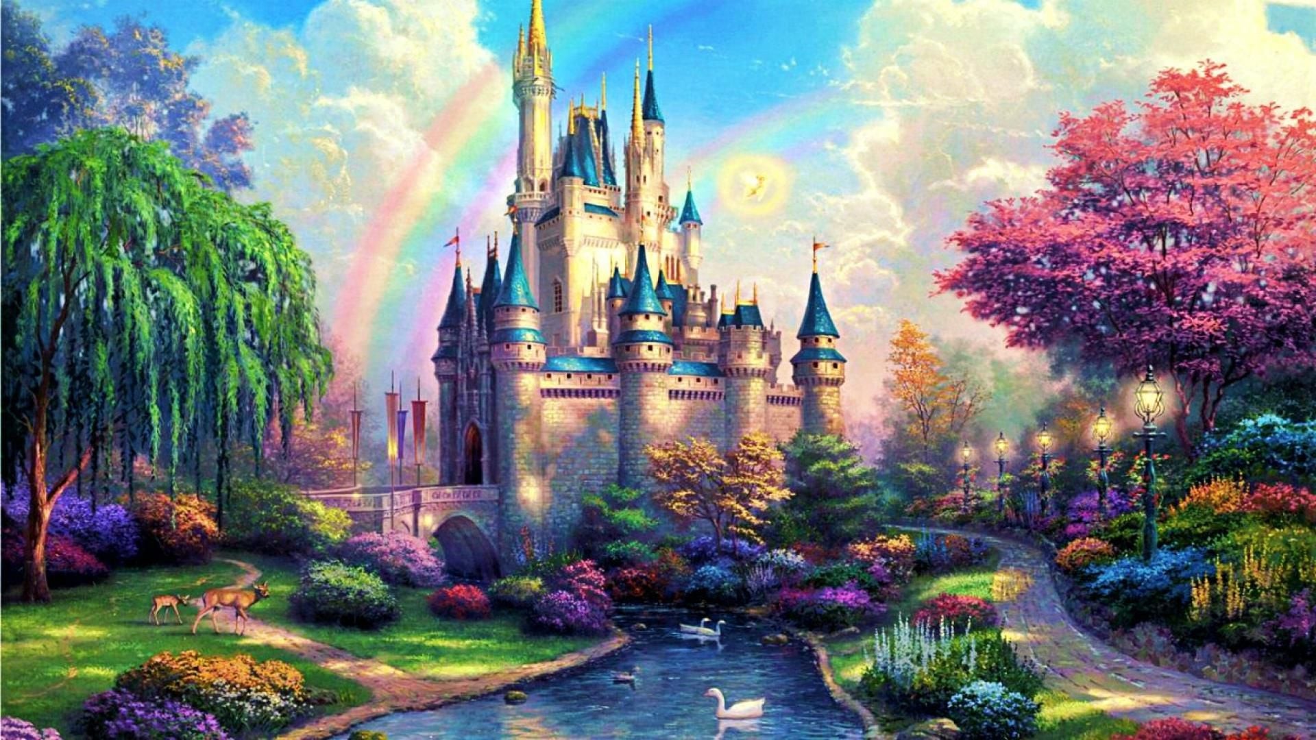 A majestic castle stands amidst a vibrant garden with a rainbow arching overhead. Swans glide gracefully on a small river, and deer roam the lush green paths