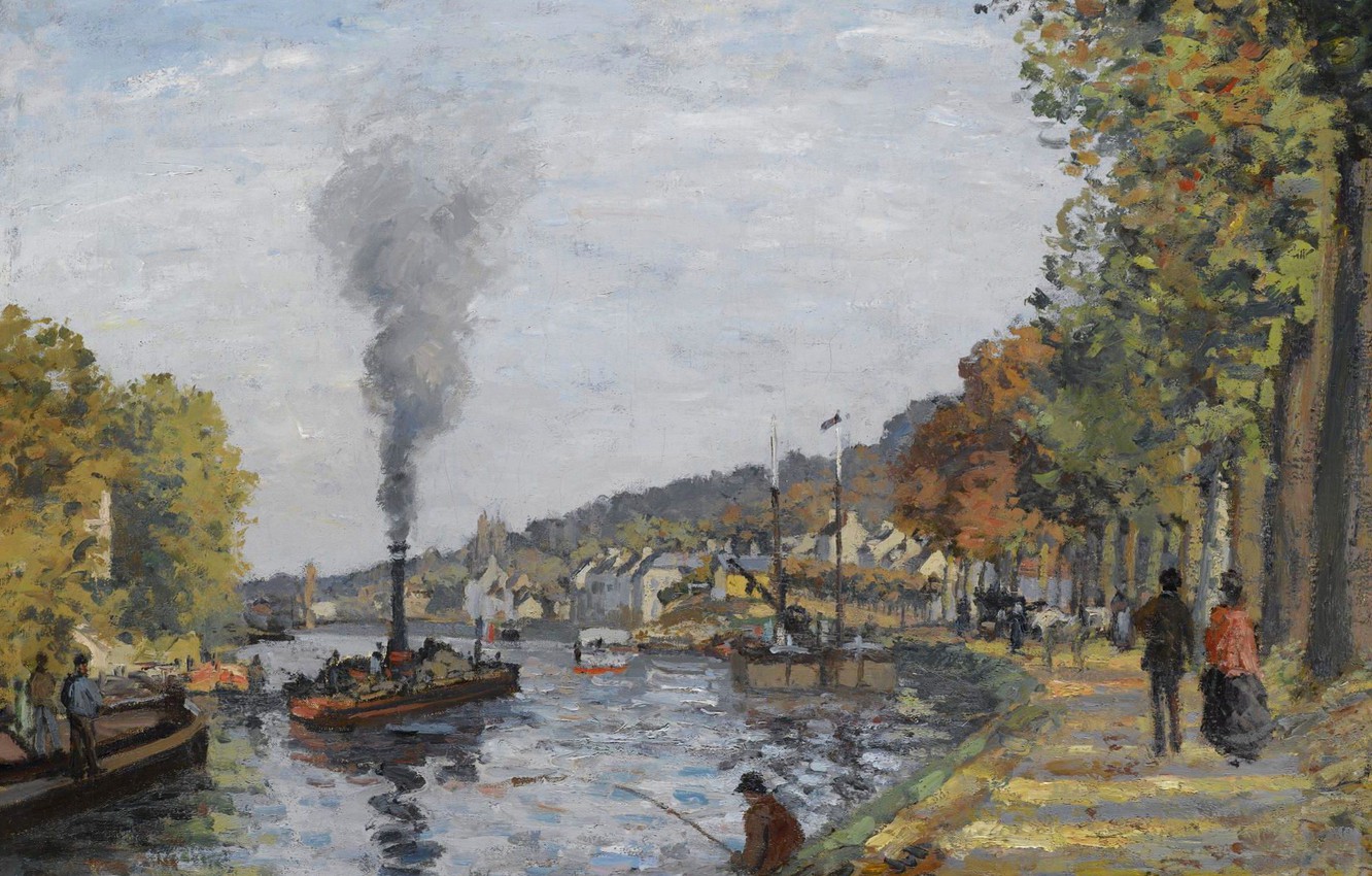 Wallpaper River Smoke Ship Fisherman Steamer Camille Pissarro