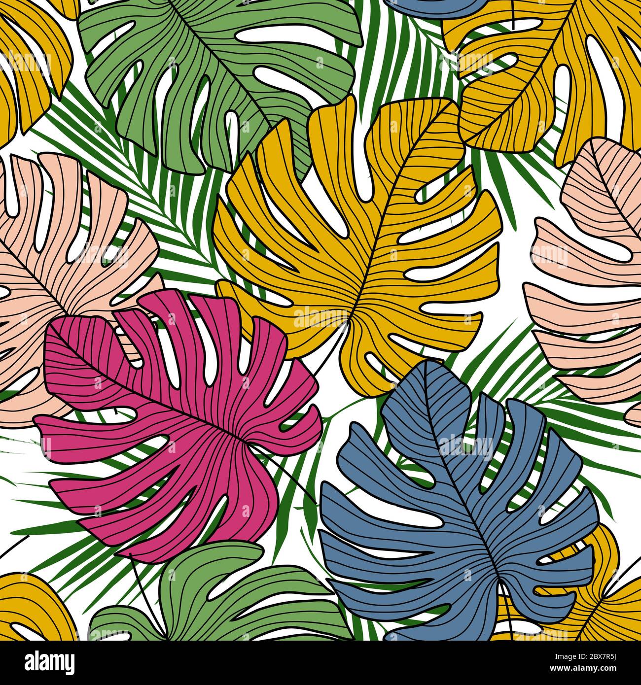 Tropical seamless pattern with exotic monstera leaves on white