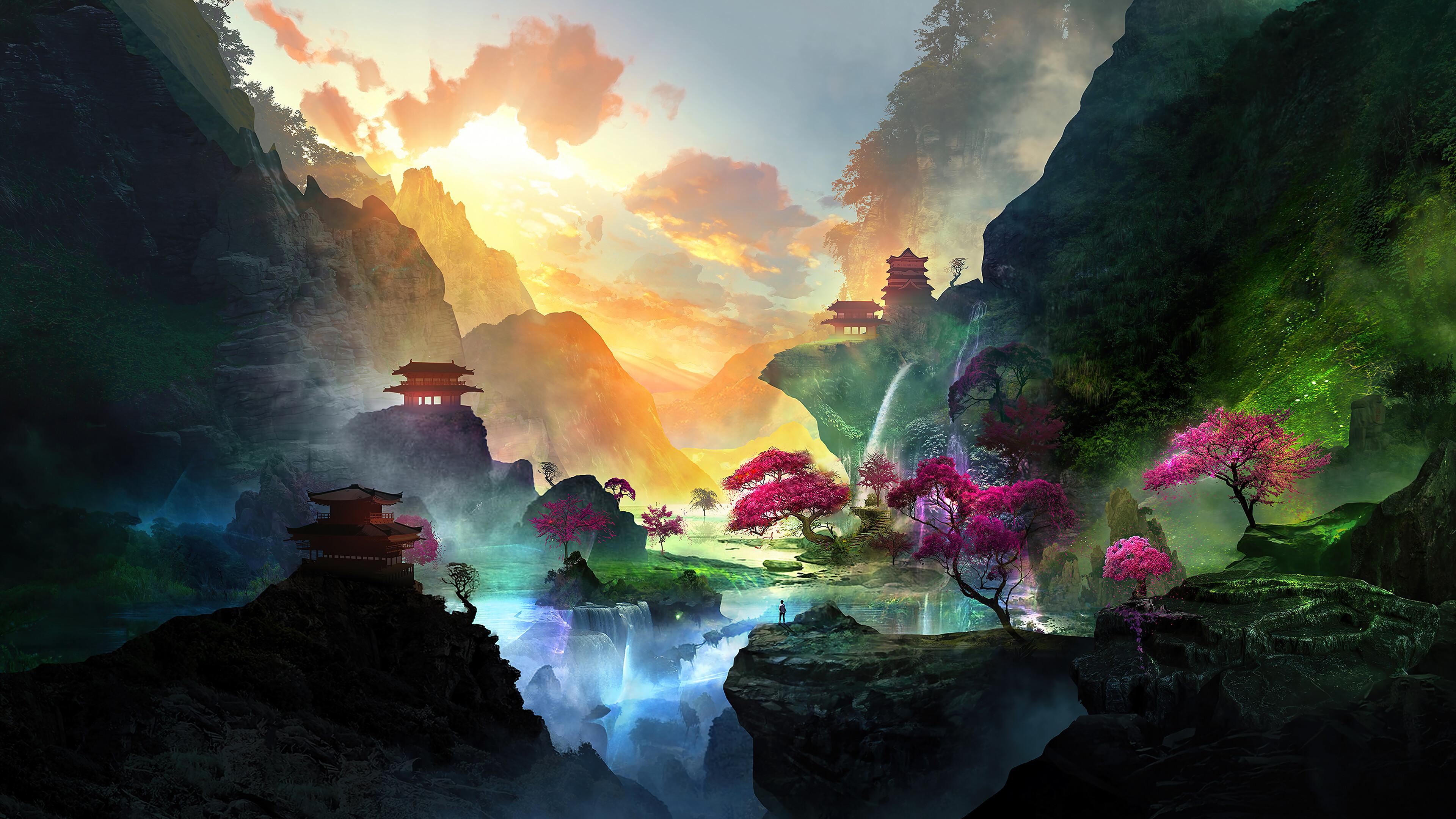 Fantasy Forest Mountain Digital Art HD 4k Wallpaper