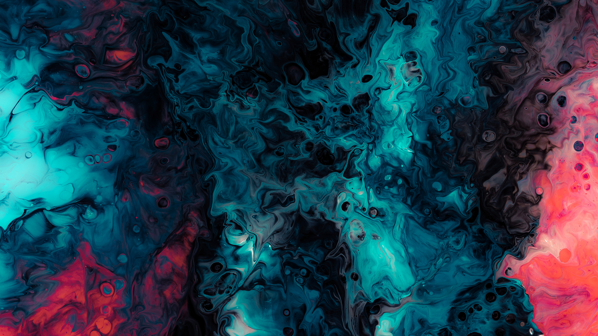 Abstract swirling background in teal, dark blue, and coral tones