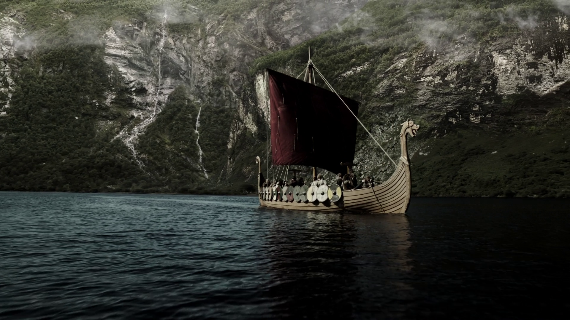 Red sail of a Viking ship wallpapers and images   wallpapers pictures 1920x1080