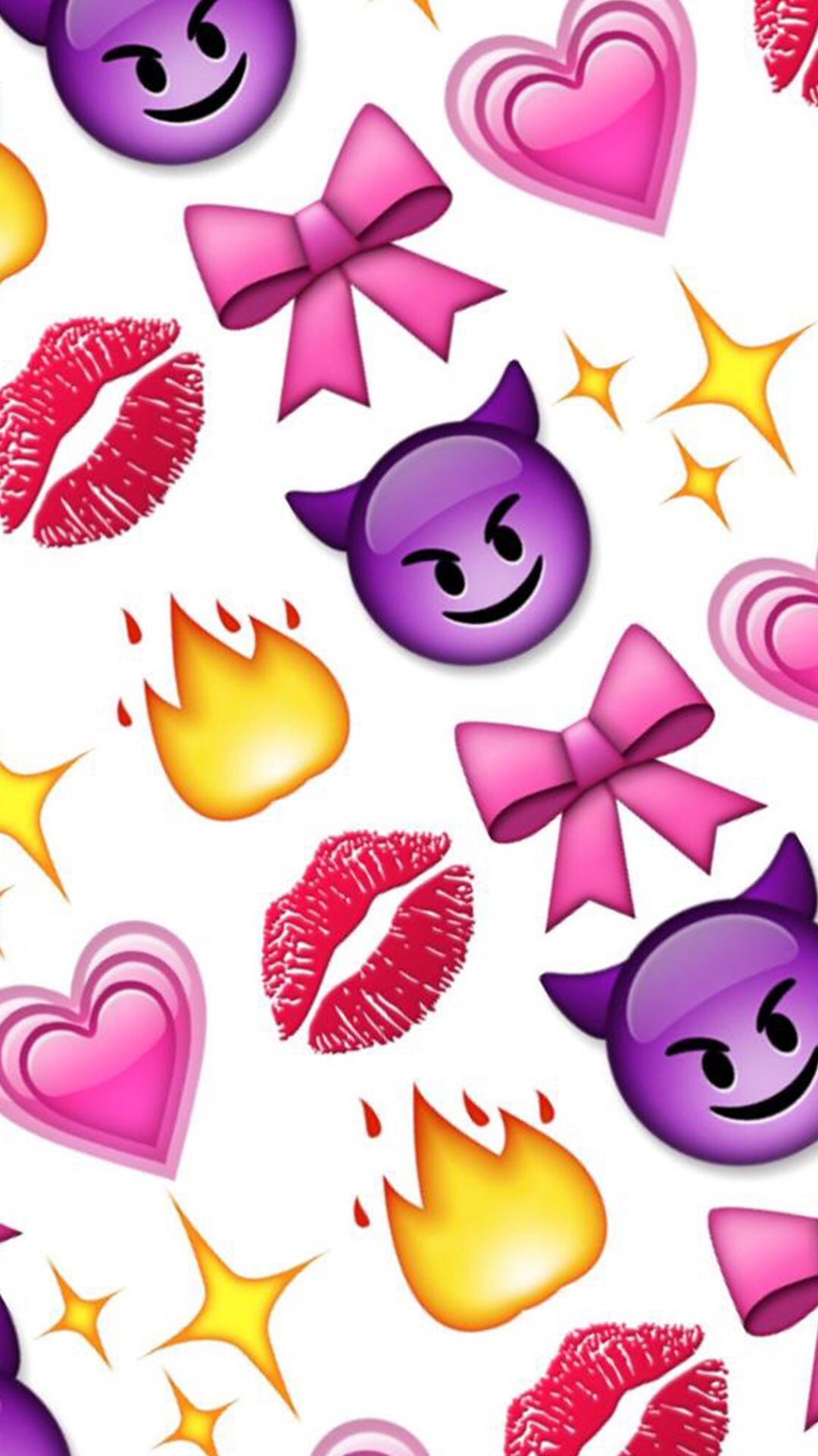 A vibrant wallpaper featuring a repeating pattern of emojis including hearts, lips, flames, bows, and devil faces