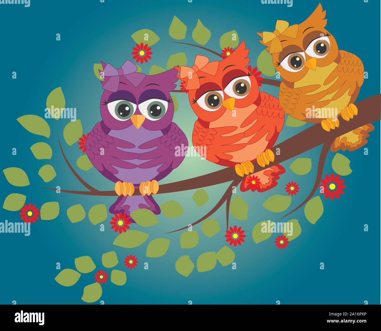 Funny Owls On Branch In Flowers Spring Concept Bright