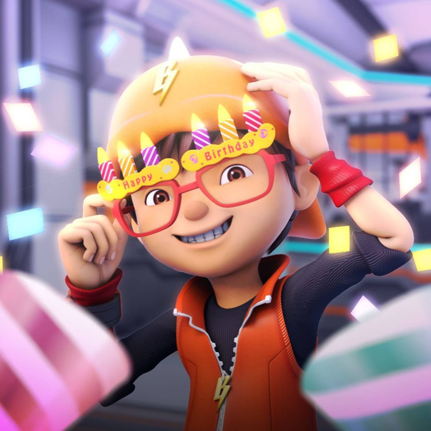 BoBoiBoy celebrating his birthday with a cheerful smile and wearing a festive Happy Birthday glasses