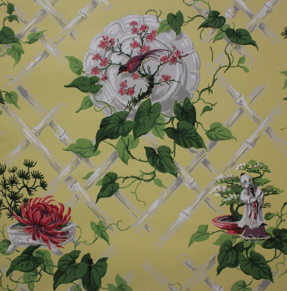 1940s Vintage Wallpaper Chinoiserie Bonsai Lotus Bamboo on Yellow 570x578