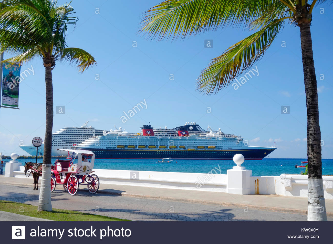 Cozumel Mexico Horse And Carriage With Cruise Ship In The Stock