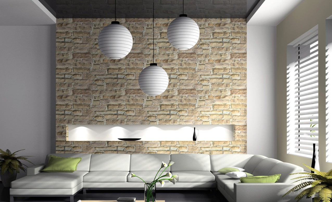 Room Interior Design Rendering With Creative Brick Wall And Lighting