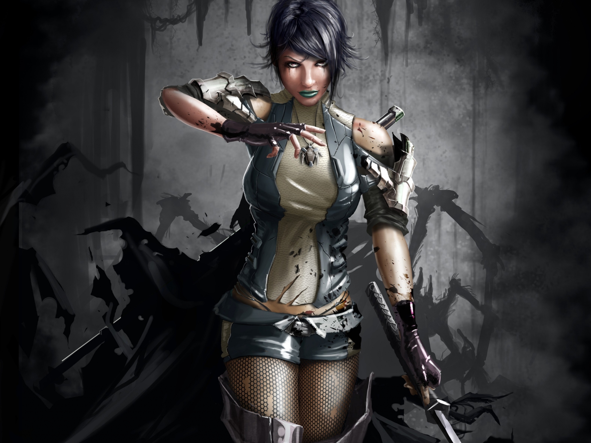 Dark Women Fantasy Art Warriors Blood Weapons Swords Katana