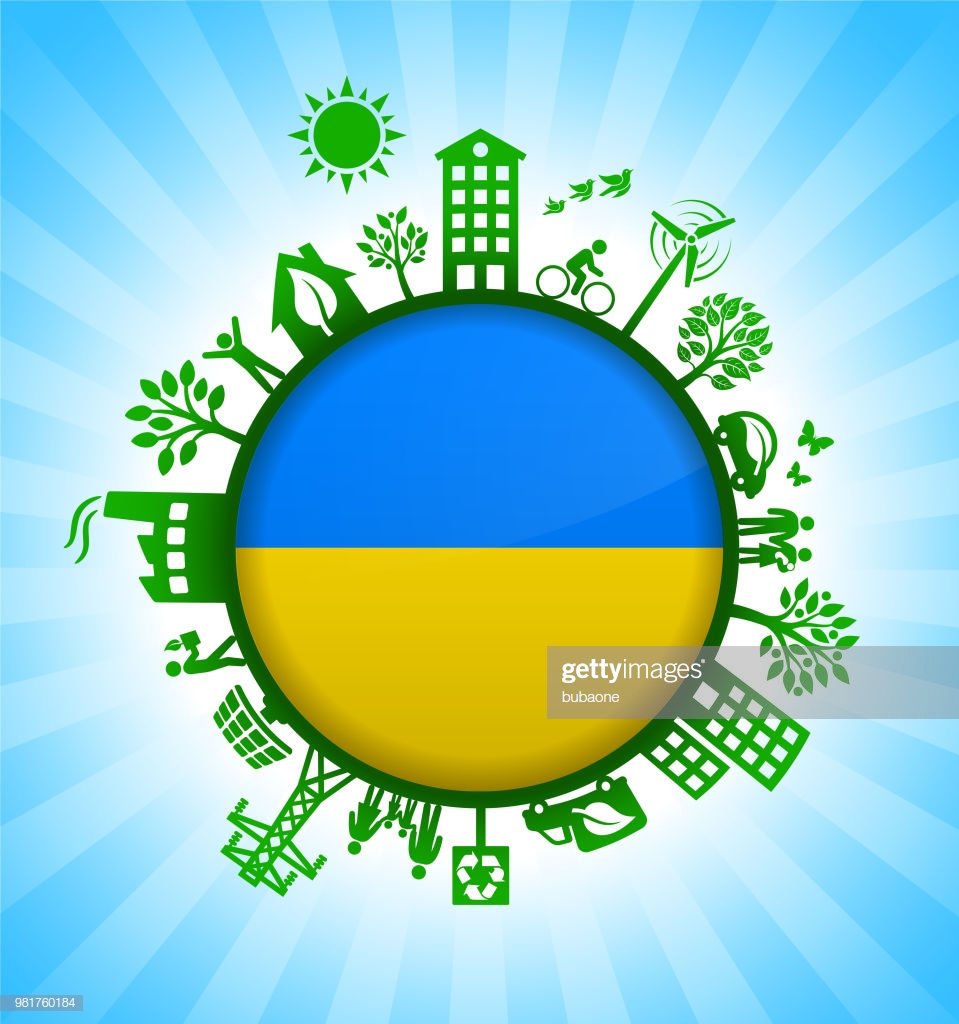 Ukrainian Flag On Environmental Conservation Background Stock