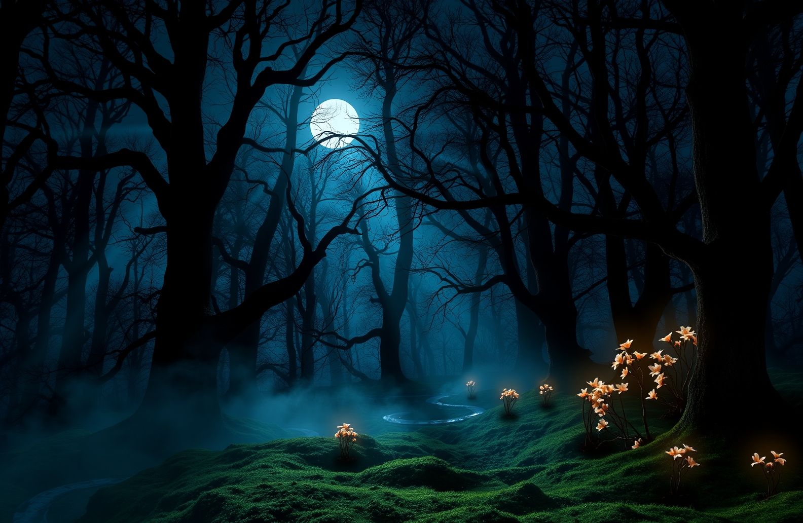 Dark Forest With Moon Wallpaper