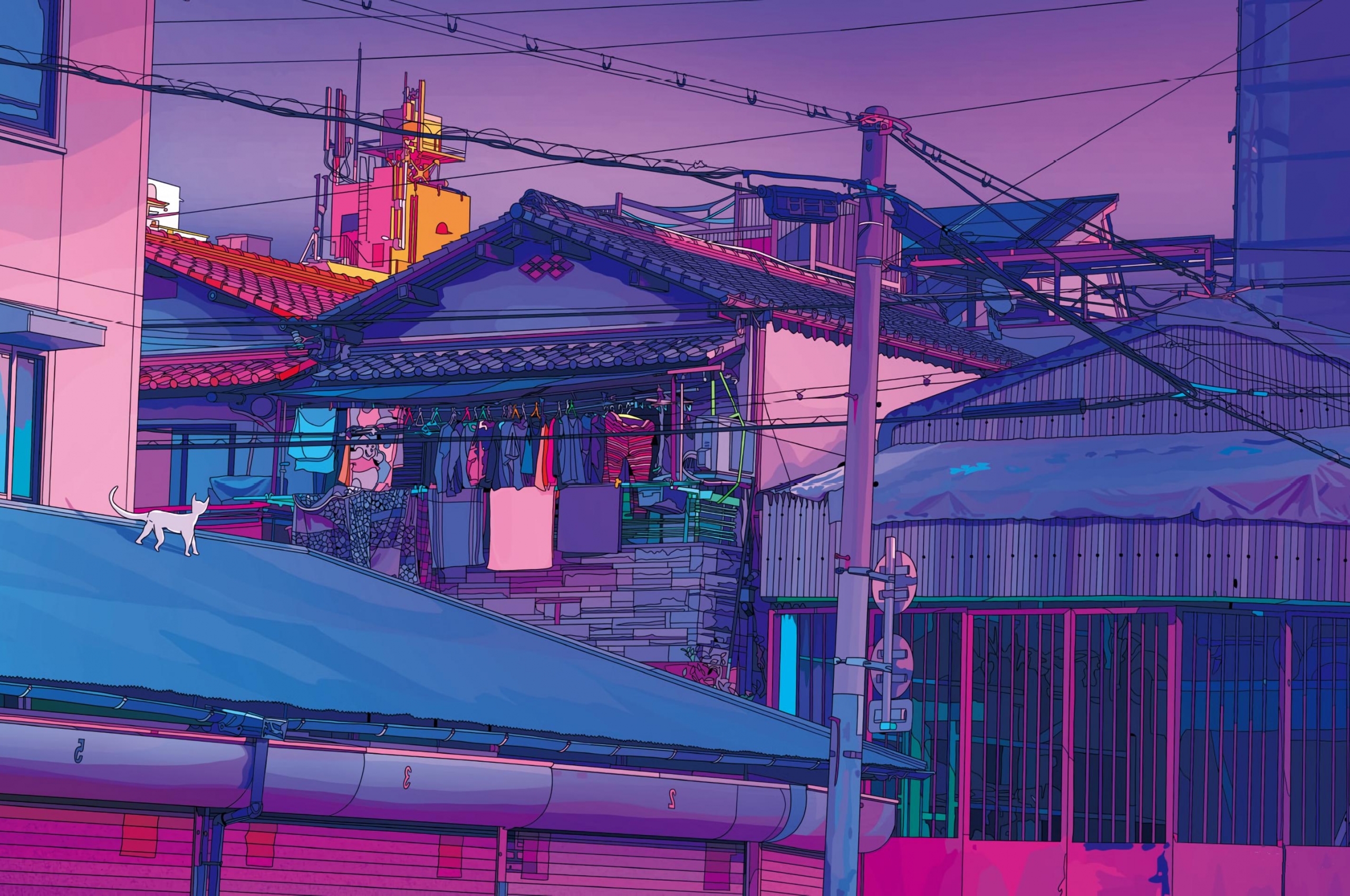 Aesthetic anime-style cityscape at dusk with a white cat on a rooftop