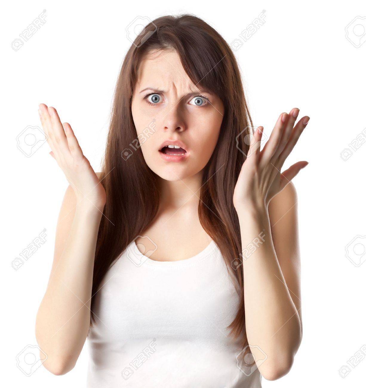 Shocked Woman In White T Shirt Studio Shot Isolated On