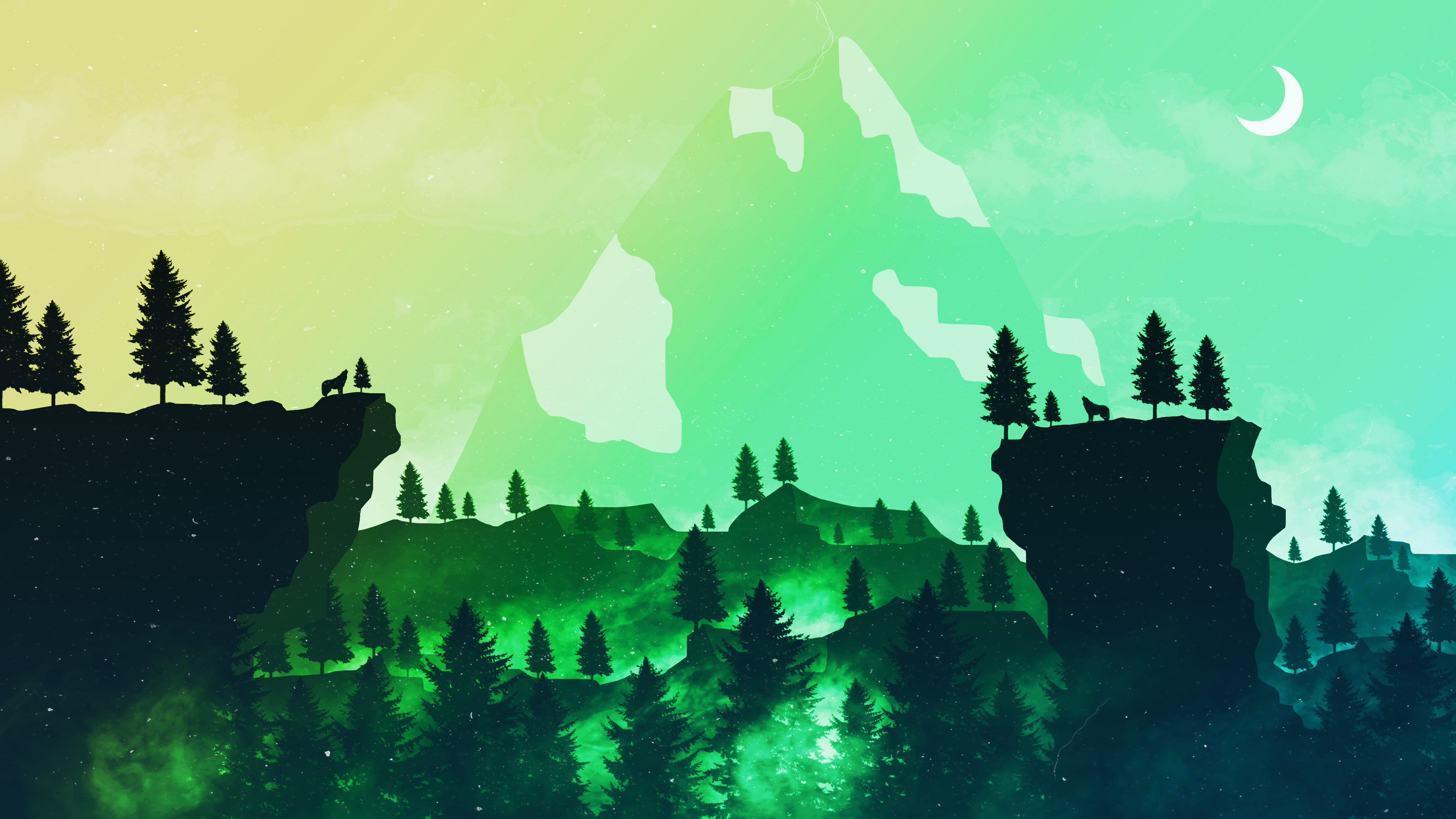 Minimalist 4k wallpaper featuring a serene mountain landscape with silhouetted trees, wolves, and a crescent moon. The vibrant green and yellow gradient adds a touch of mystique