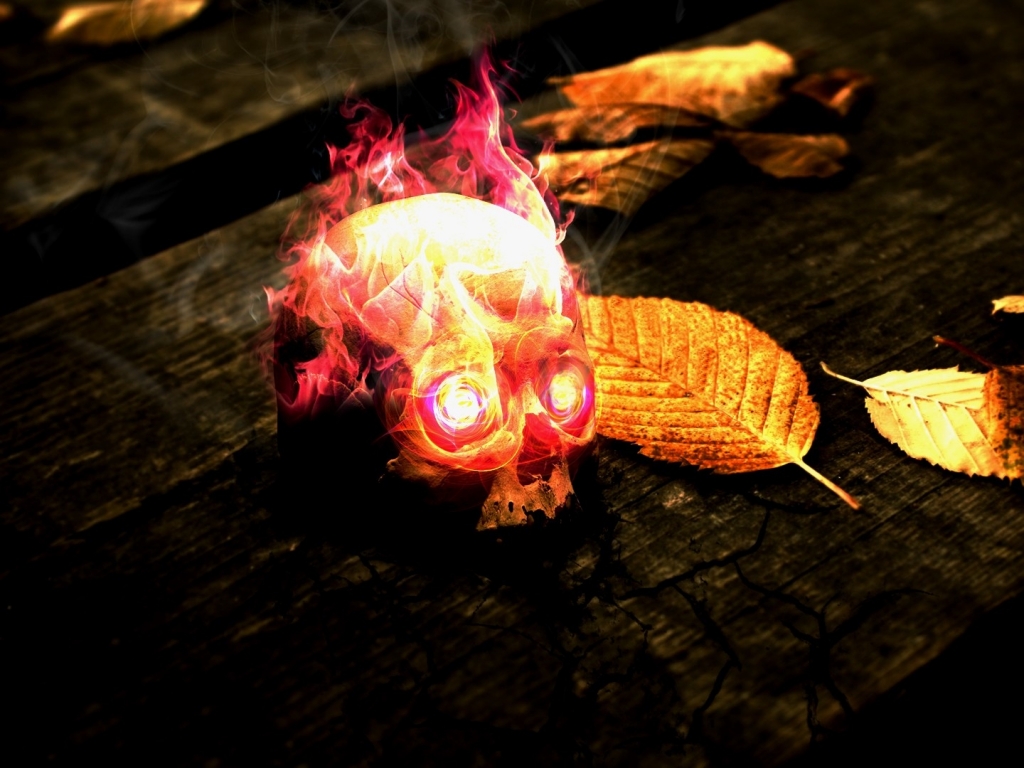 Flames Skulls Red Yellow Wood Fire Dead Leaves Textures Glow Flaming
