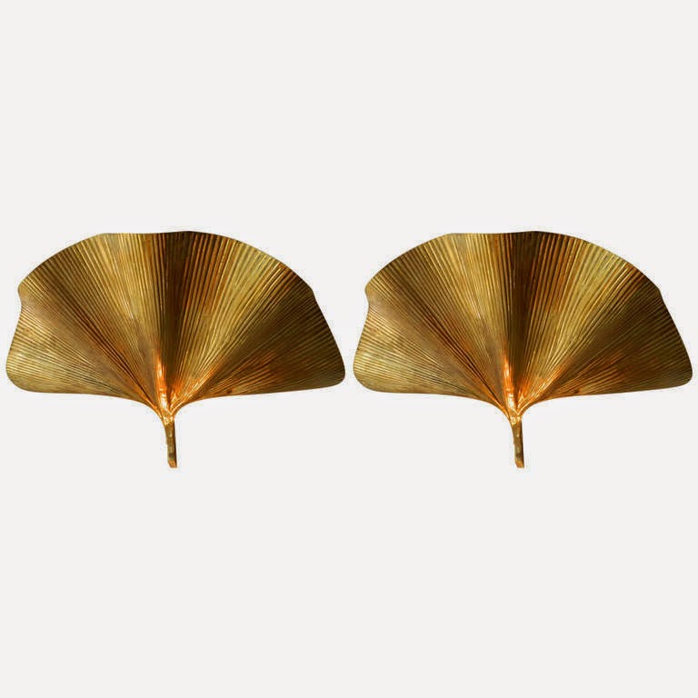 Pair Of Tommaso Barbi Ginkgo Leaf Sconces Brass Made In Italy Circa