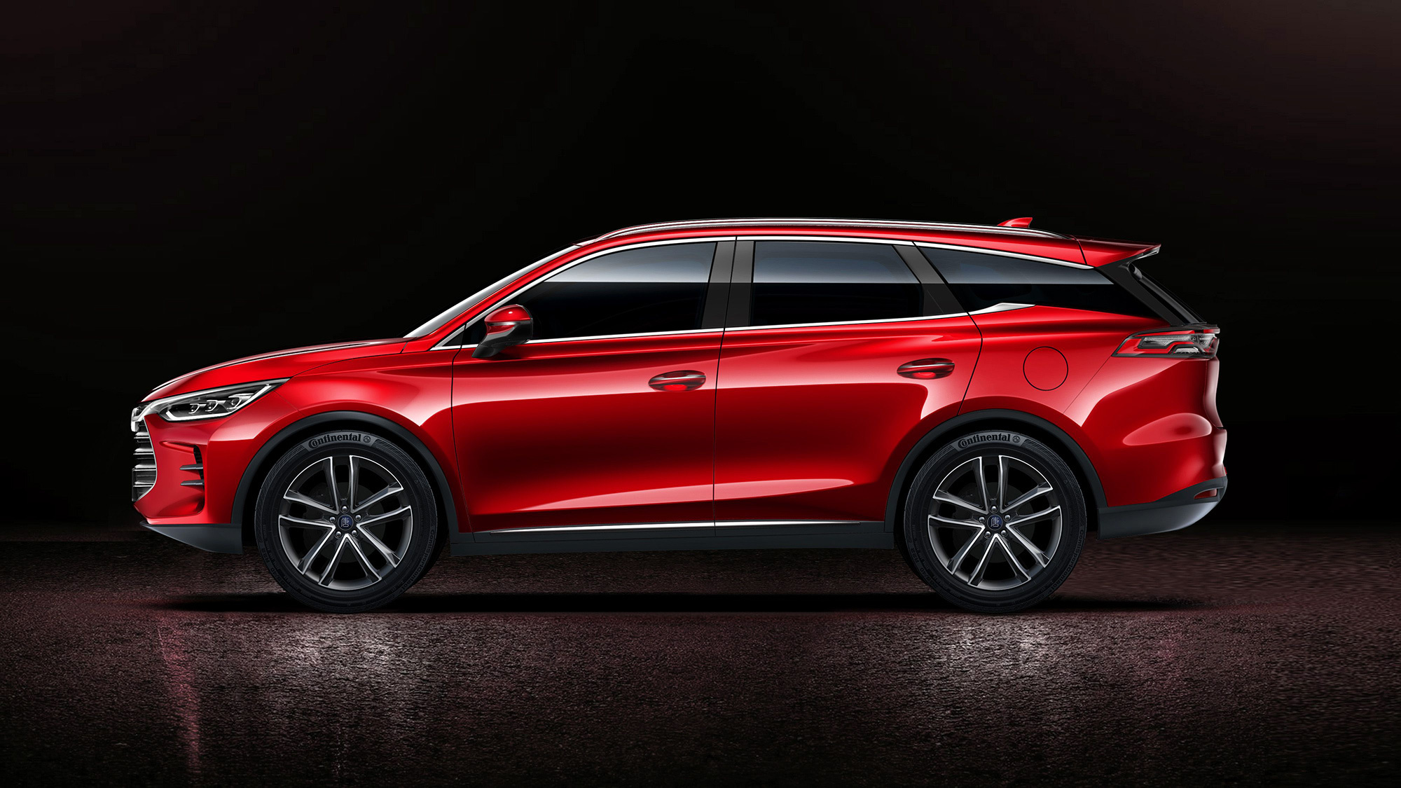 A sleek, red BYD Shark electric SUV, shown from the side, highlighting its modern design and sporty profile against a dark background
