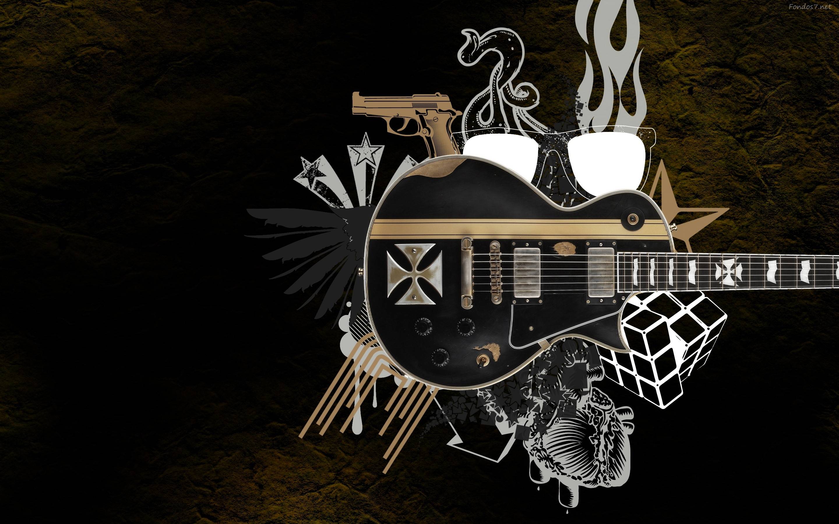 A Metallica-themed background featuring a black electric guitar with gold accents and the band's signature Iron Cross, alongside graphic elements like a gun, flames, an octopus, and a Rubik's cube