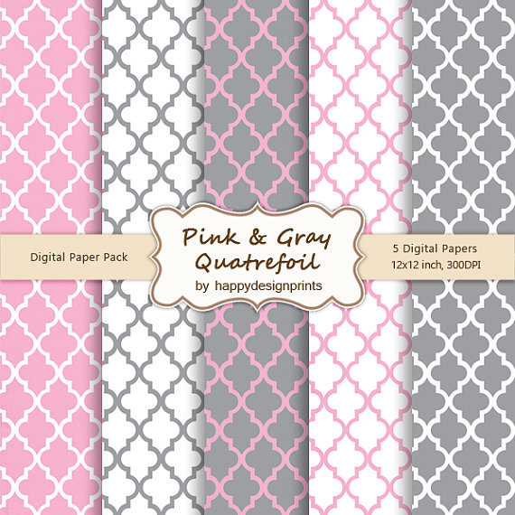 Pink Gray Quatrefoil Moroccan Tiles Pattern Wallpaper Digital Paper