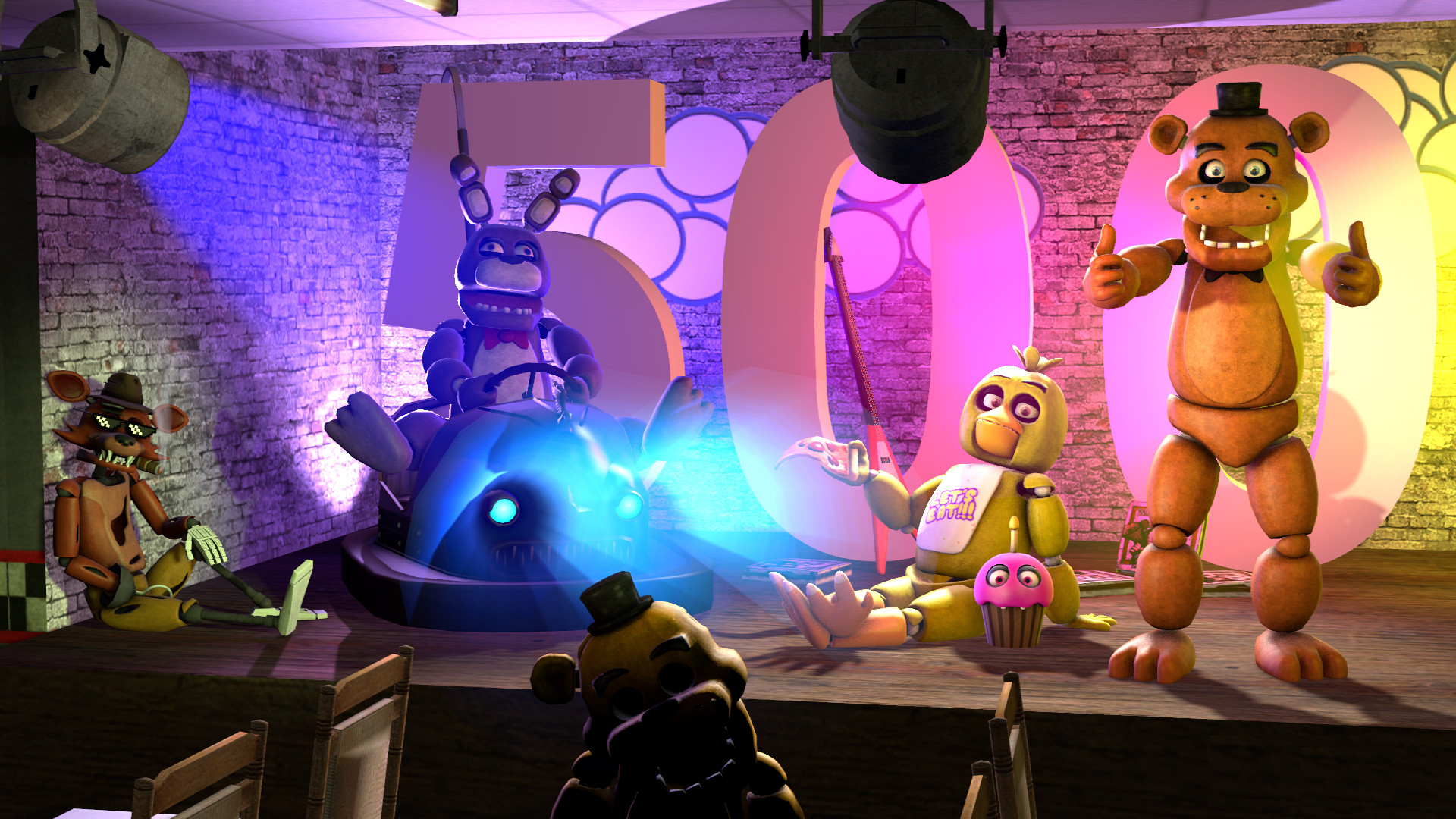 Five Nights at Freddy's characters celebrating a milestone on a stage
