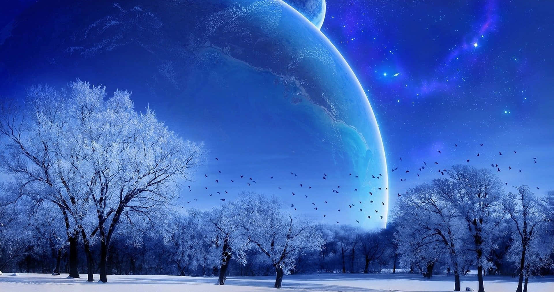 A breathtaking 4k winter landscape with snow-covered trees, a large, vibrant blue planet in the background, and a flock of birds flying across the sky
