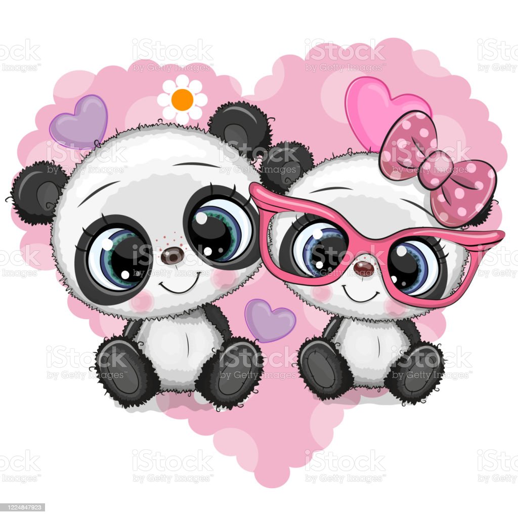 Cartoon Pandas On A Heart Background Stock Illustration