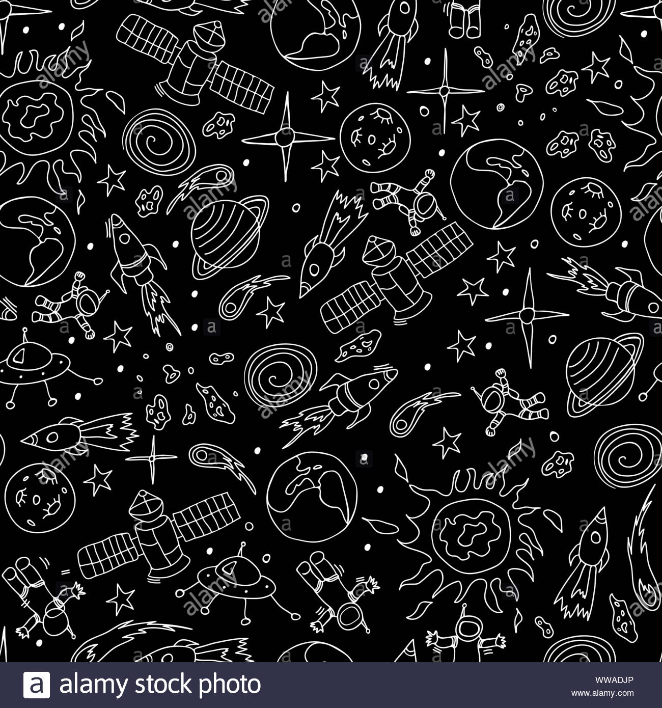Seamless Pattern With Hand Drawn Cosmic Objects White Cartoon