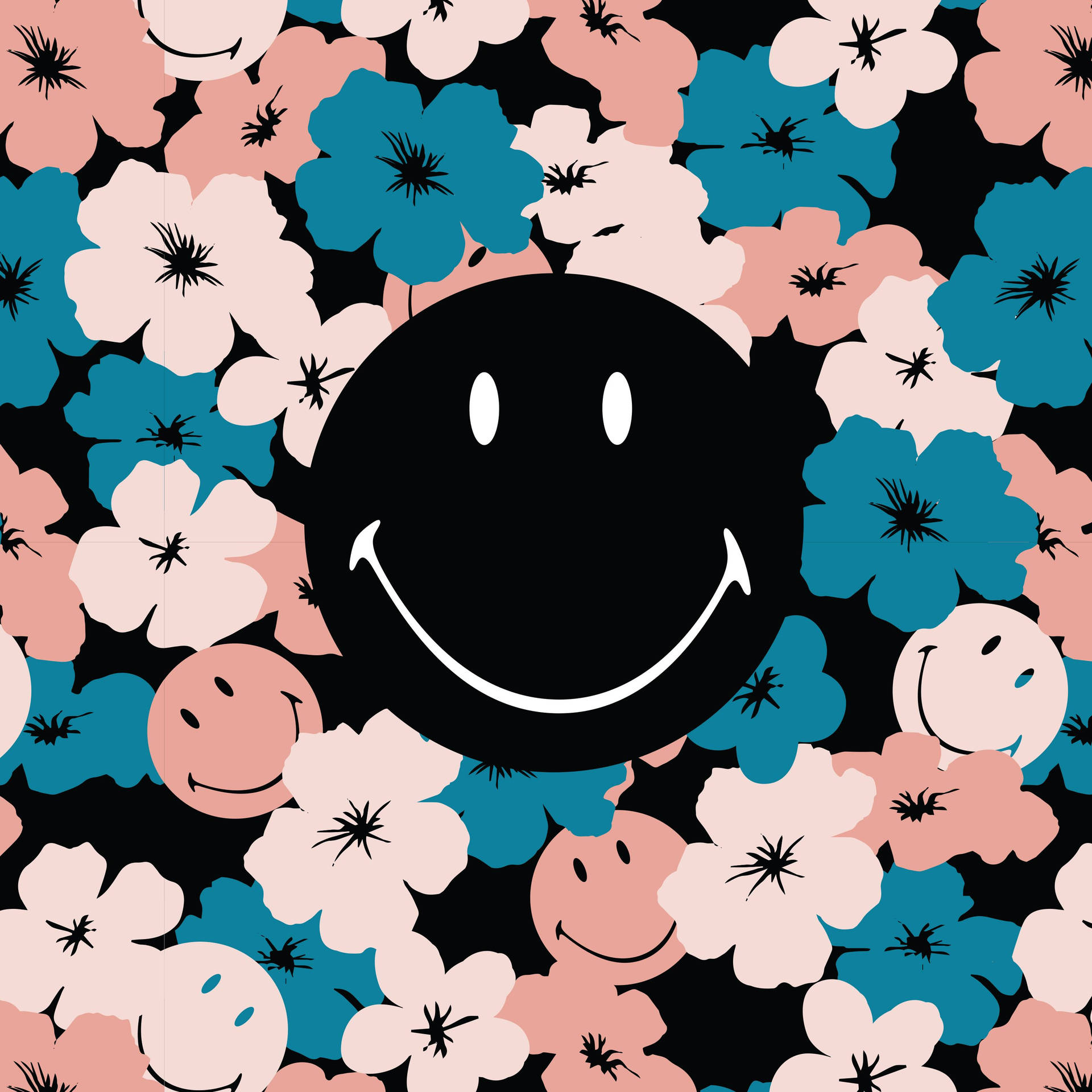 Black smiley face on a floral background wallpaper