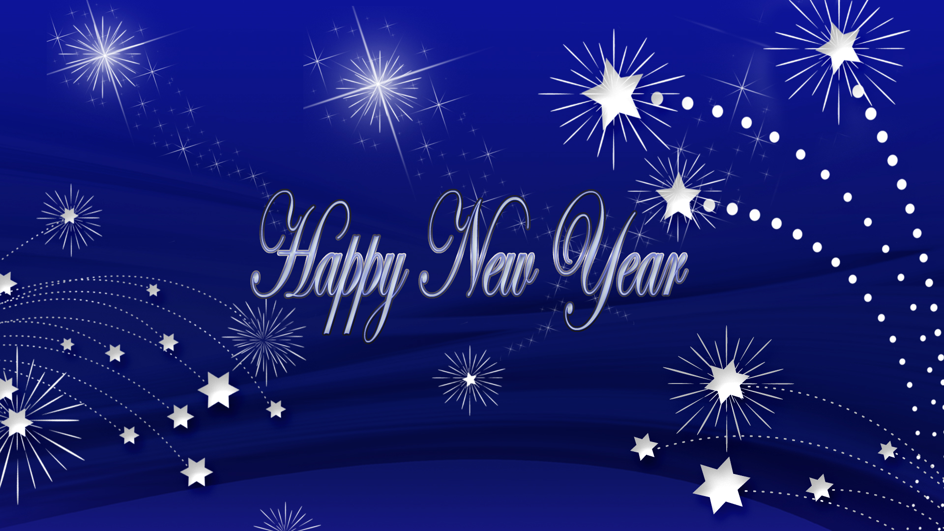 A festive Happy New Year image with silver fireworks and stars on a dark blue background