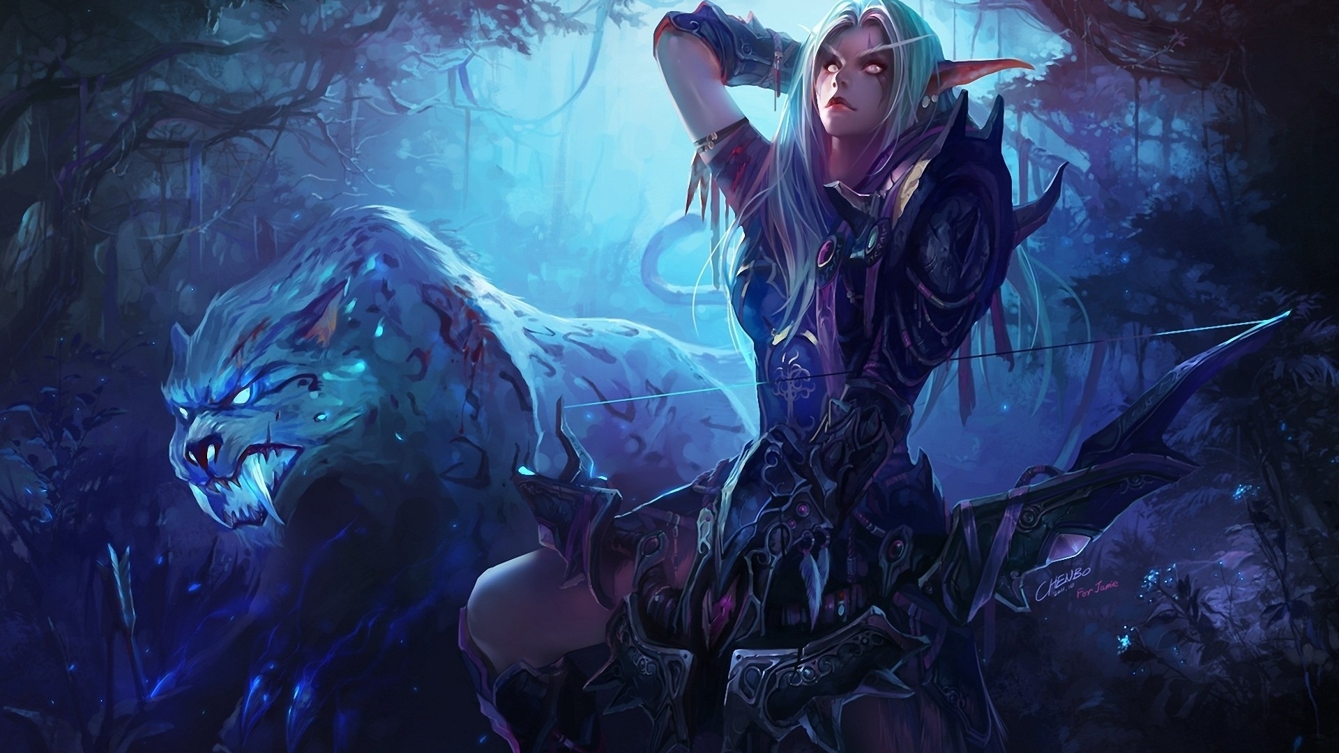 Now Full HD Wallpaper World Of Warcraft Elf Tiger Forest Bow