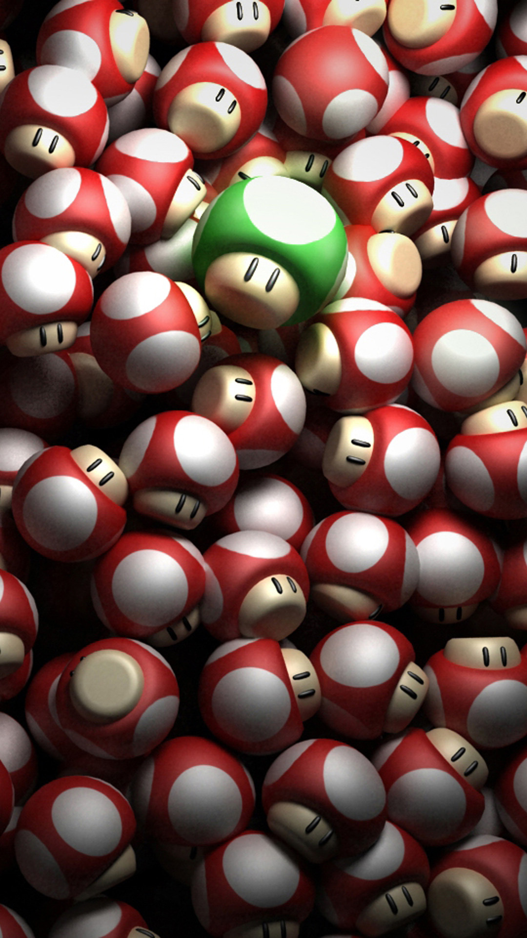 A 3D render of a pile of Super Mario mushrooms, with a single 1-Up mushroom standing out
